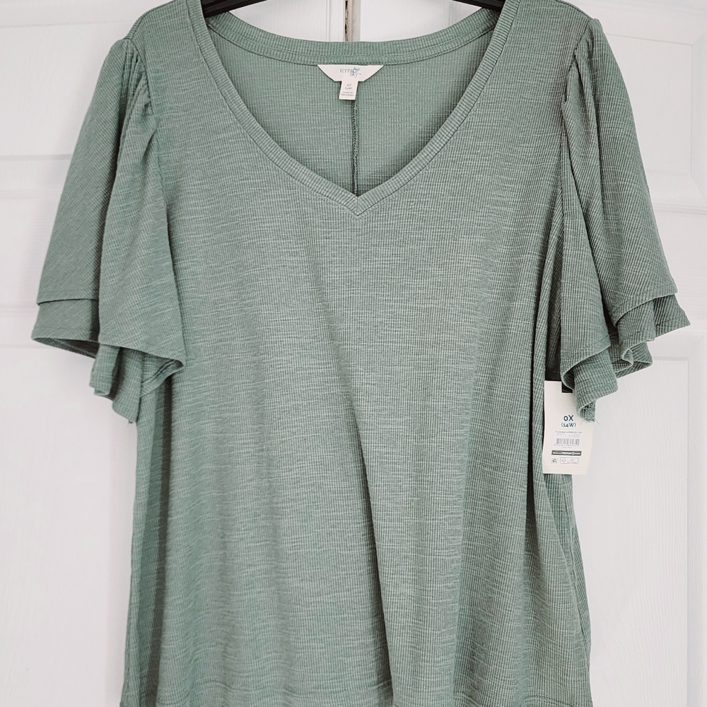 NWT Soft green flutter sleeve top Sz OX 14W
